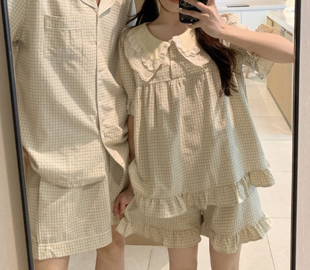 반 커플길리세트 파자마 잠옷 데일리홈웨어 신상 (반바지 원피스 프릴 남자 여자) 상세 이미지 2