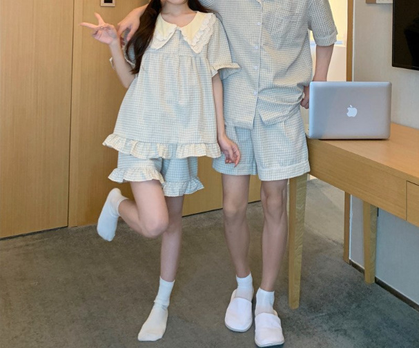 반 커플길리세트 파자마 잠옷 데일리홈웨어 신상 (반바지 원피스 프릴 남자 여자) 상세 이미지 13