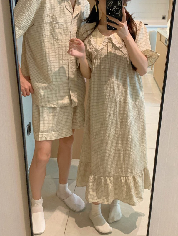 반 커플길리세트 파자마 잠옷 데일리홈웨어 신상 (반바지 원피스 프릴 남자 여자) 상세 이미지 5