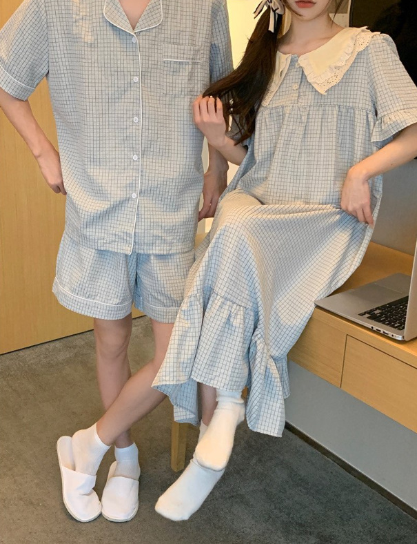 반 커플길리세트 파자마 잠옷 데일리홈웨어 신상 (반바지 원피스 프릴 남자 여자) 상세 이미지 4