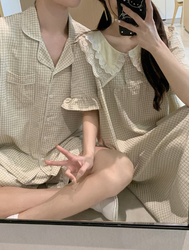 반 커플길리세트 파자마 잠옷 데일리홈웨어 신상 (반바지 원피스 프릴 남자 여자) 상세 이미지 9