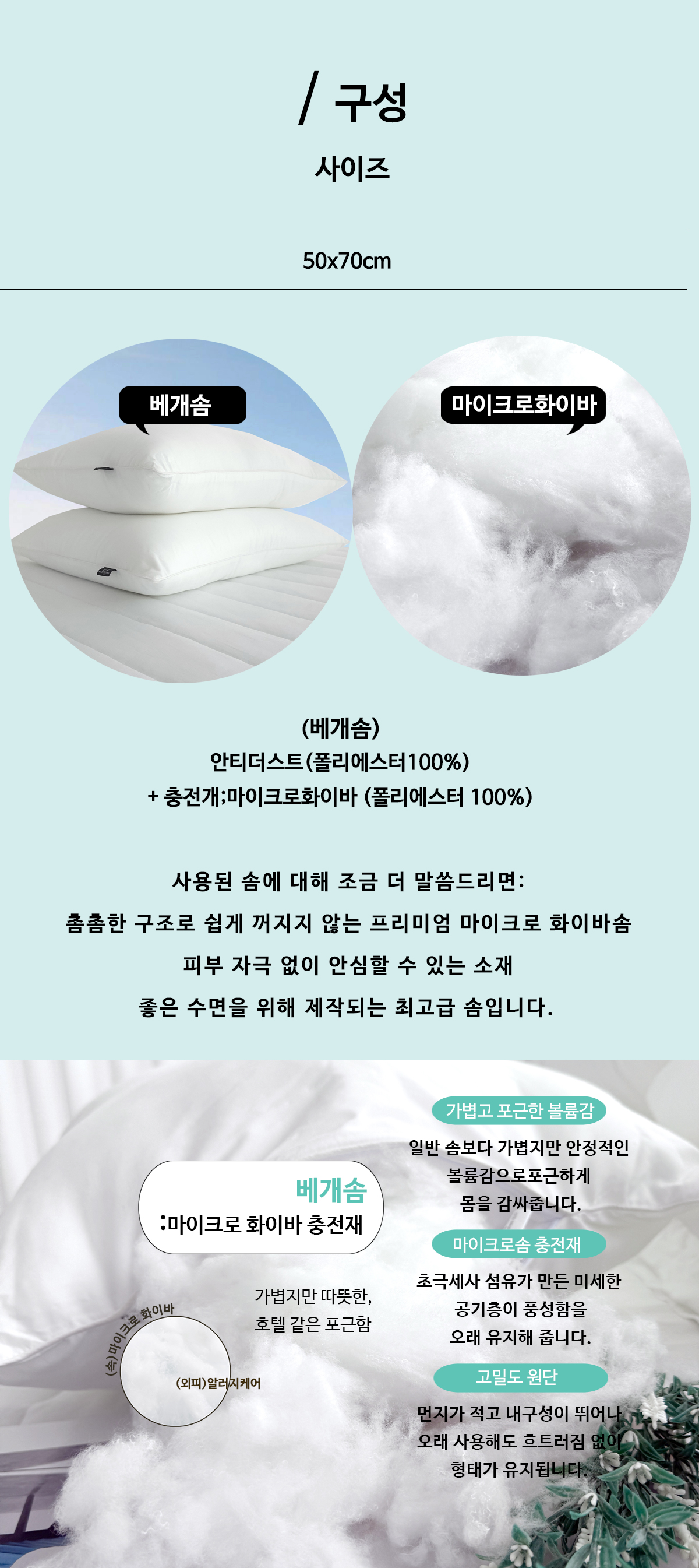 알러지케어 항균 마이크로화이바 지퍼형 호텔 70x50 베개솜 (세탁가능/높이조절)
