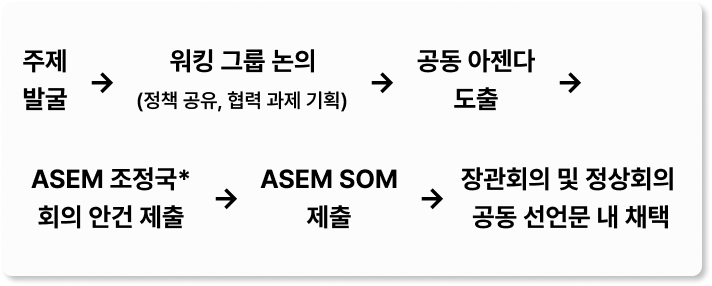 1.주제 발굴, 2.워킹 그룹 논의(정책 공유, 협력 과제 기획), 3.공동 아젠다 도출, 4.ASEM 조정국* 회의 안건 제출, 5.ASEM SOM 제출, 6.장관회의 및 정상회의 공동 선언문 내 채택