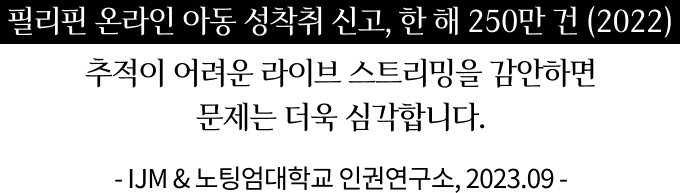 필리핀 온라인 아동 성착취 신고, 한 해 250만 건 (2022) 추적이 어려운 라이브 스트리밍을 감안하면 문제는 더욱 심각합니다.