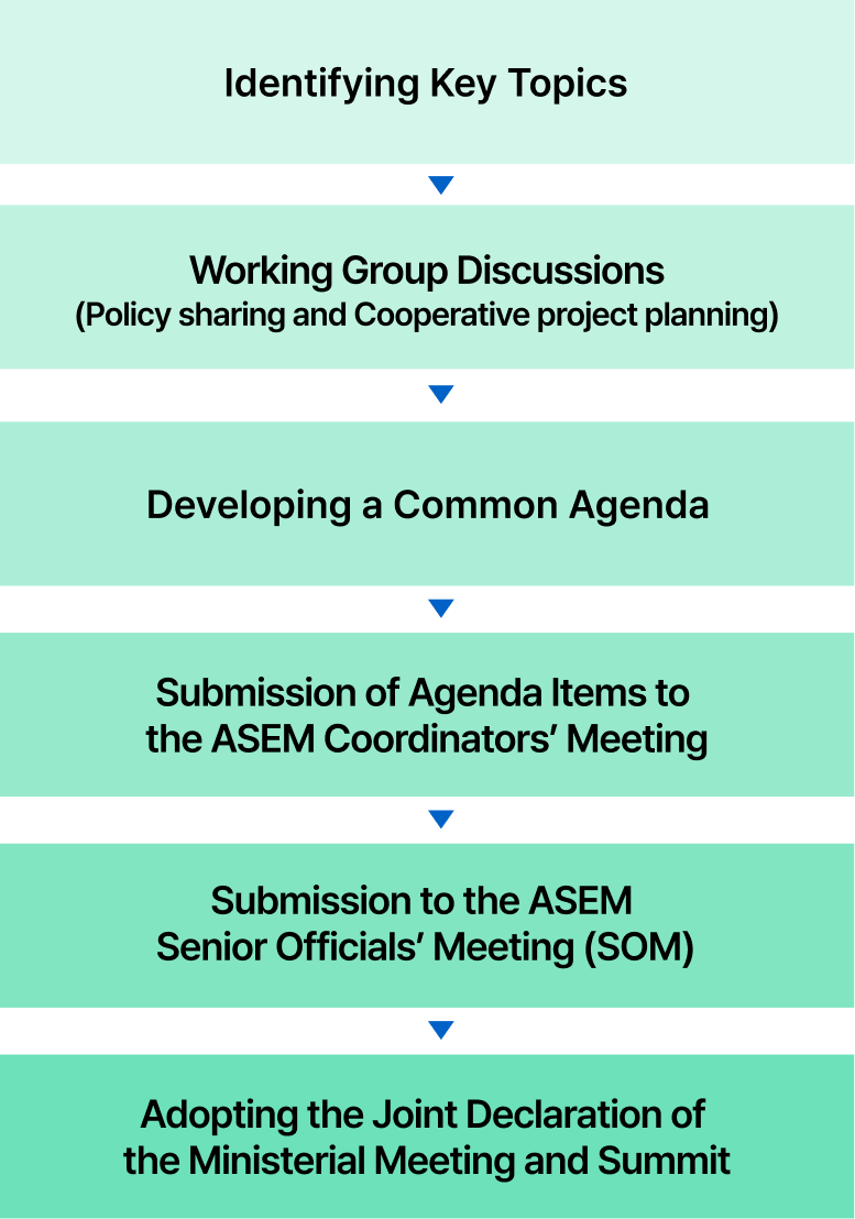 1.Identifying Key Topics, 2.Working Group Discussions (Policy sharing and Cooperative project planning), 3.Developing a Common Agenda, 4.Submission of Agenda Items to the ASEM Coordinators’ Meeting, 5.Submission to the ASEM Senior Officials’ Meeting (SOM), 6.Adopting the Joint Declaration of the Ministerial Meeting and Summit