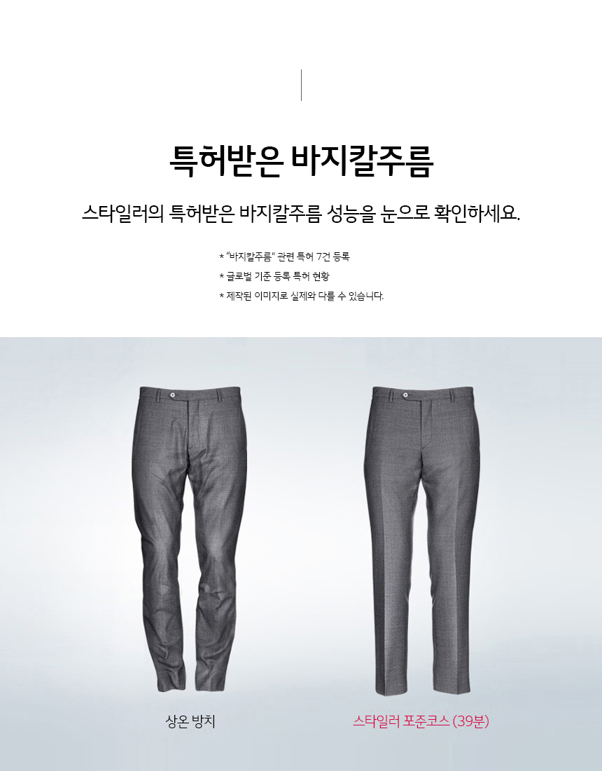 특허받은 바지관리기 스타일러의 특허받은 바지관리기 성능을 눈으로 확인하세요. "바지칼주름" 관련 특허 7건 등록 글로벌 기준 등록 특허 현황 제작된 이미지로 실제와 다를 수 있으며, 성능은 재질에 따라 차이가 있을 수 있습니다.