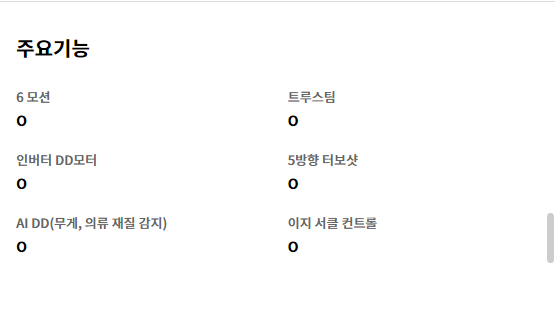 주요기능 6 모션 O   트루스팀 O   인버터 DD모터 O   5방향 터보샷 O   AI DD(무게, 의류 재질 감지) O   이지 서클 컨트롤 O