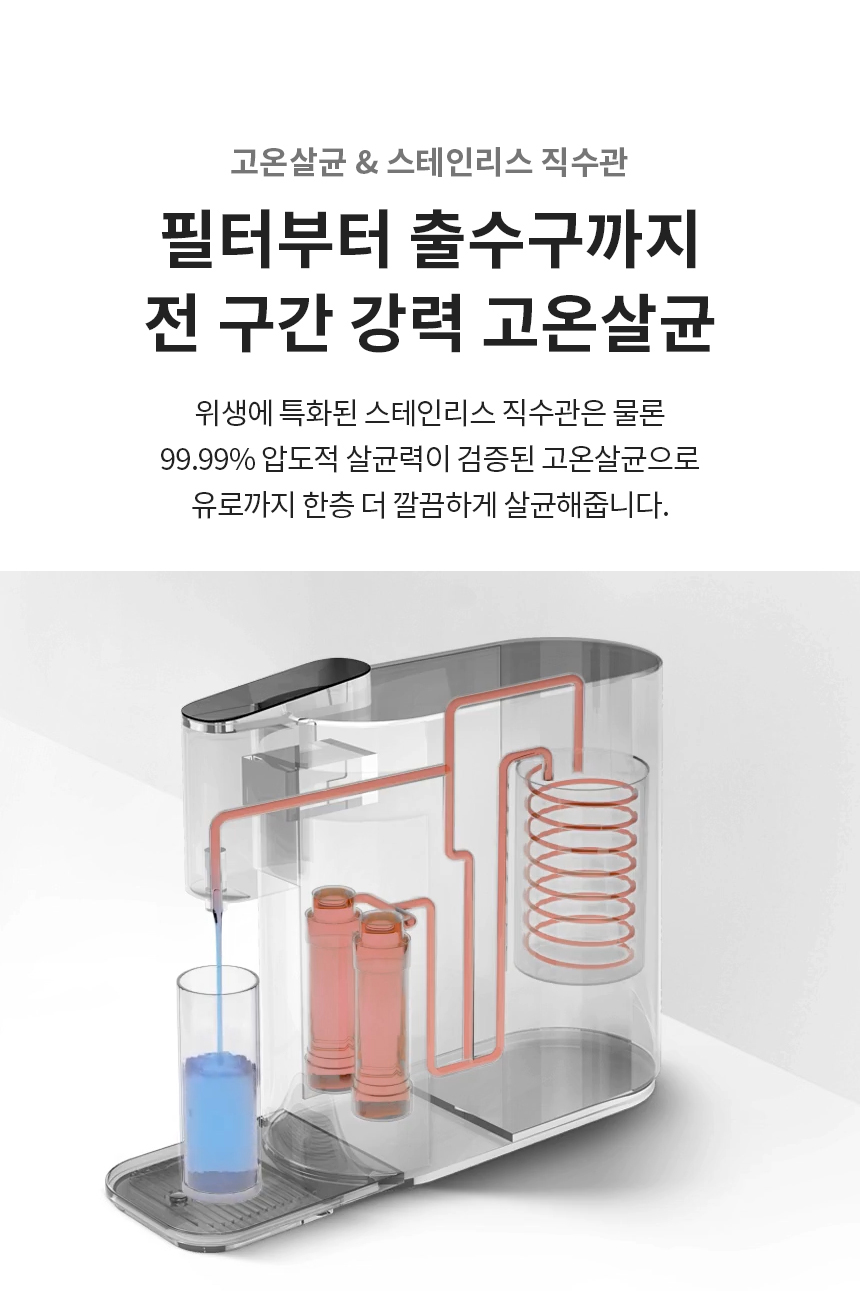 고온살균 & 스테인리스 직수관  필터부터 출수구까지 전 구간 강력 고온살균 위생에 특화된 스테인리스 직수관은 물론 99.99% 압도적 살균력이 검증된 고온살균으로 유로까지 한층 더 깔끔하게 살균해줍니다.