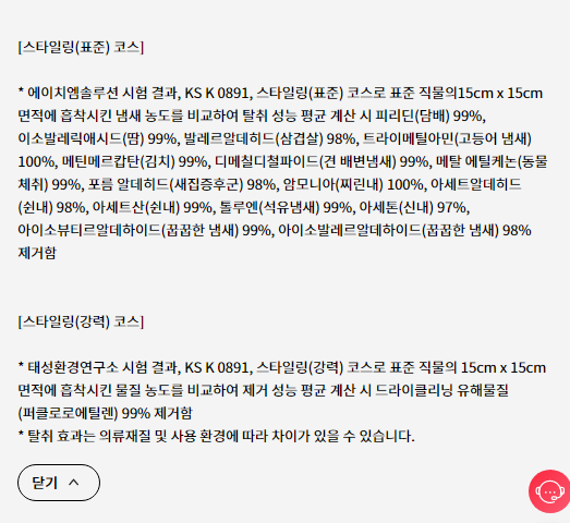 [스타일링(표준) 코스]  * 에이치엠솔루션 시험 결과, KS K 0891, 스타일링(표준) 코스로 표준 직물의15cm x 15cm 면적에 흡착시킨 냄새 농도를 비교하여 탈취 성능 평균 계산 시 피리딘(담배) 99%, 이소발레릭애시드(땀) 99%, 발레르알데히드(삼겹살) 98%, 트라이메틸아민(고등어 냄새) 100%, 메틴메르캅탄(김치) 99%, 디메칠디철파이드(견 배변냄새) 99%, 메탈 에틸케논(동물 체취) 99%, 포름 알데히드(새집증후군) 98%, 암모니아(찌린내) 100%, 아세트알데히드(쉰내) 98%, 아세트산(쉰내) 99%, 톨루엔(석유냄새) 99%, 아세톤(신내) 97%, 아이소뷰티르알데하이드(꿉꿉한 냄새) 99%, 아이소발레르알데하이드(꿉꿉한 냄새) 98% 제거함   [스타일링(강력) 코스]  * 태성환경연구소 시험 결과, KS K 0891, 스타일링(강력) 코스로 표준 직물의 15cm x 15cm 면적에 흡착시킨 물질 농도를 비교하여 제거 성능 평균 계산 시 드라이클리닝 유해물질(퍼클로로에틸렌) 99% 제거함 * 탈취 효과는 의류재질 및 사용 환경에 따라 차이가 있을 수 있습니다.