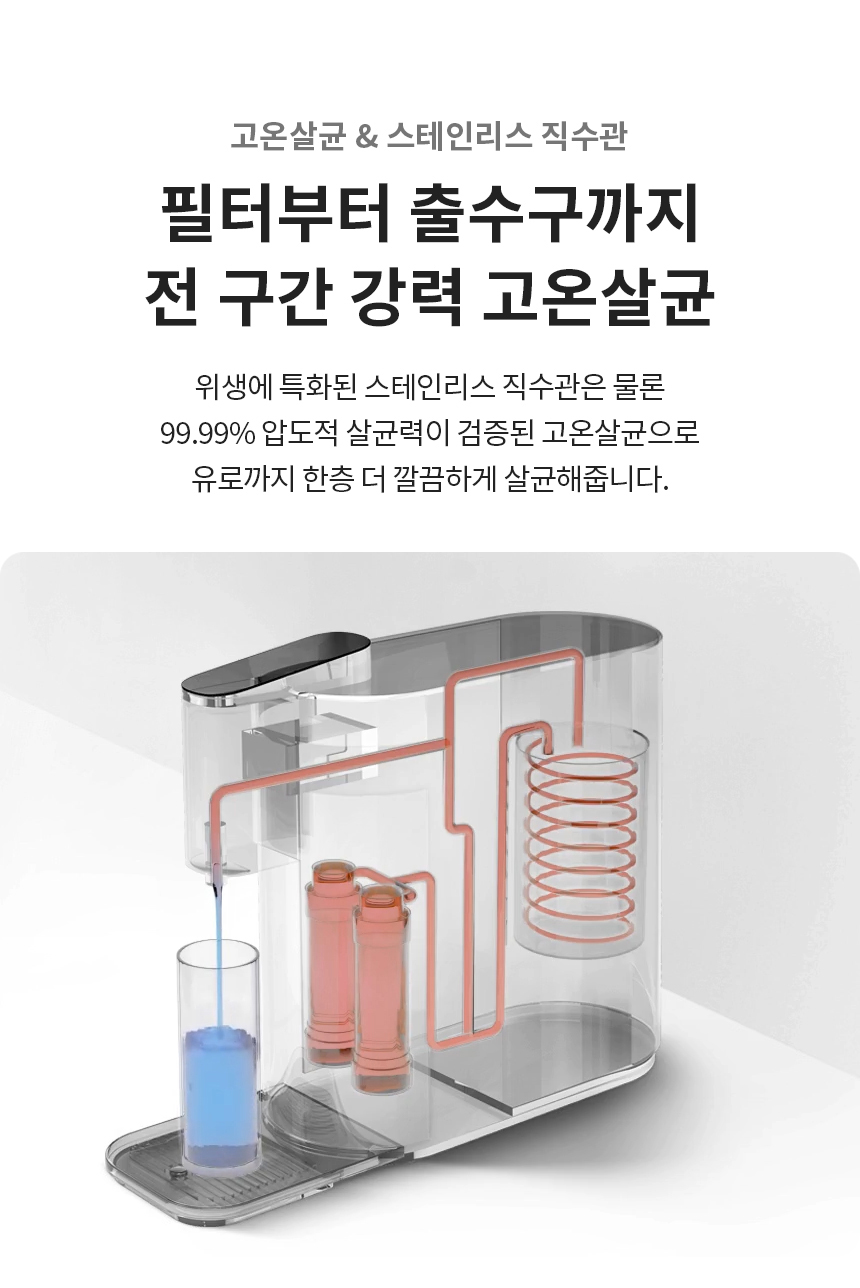 고온 살균 & 스테인리스 직수관 필터부터 출수구까지 전 구간 강력 고온살균 위생에 특화된 스테인리스 직수관은 물론 99.99% 압도적 살균력이 검증된 고온살균으로 유로까지 한층 더 깔끔하게 살균해줍니다.