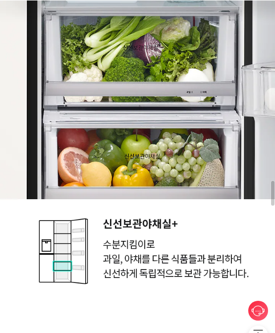 신선보관야채실+ 수분지킴이로 과일, 야채를 다른 식품들과 분리하여 신선하게 독립적으로 보관 가능합니다.