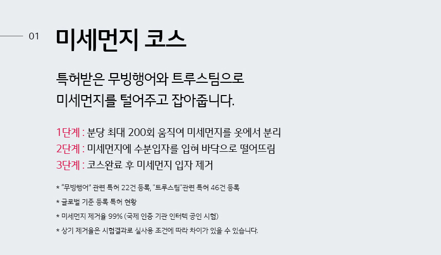 미세먼지 코스 특허받은 무빙행어와 트루스팀으로 미세먼지를 털어주고 잡아줍니다. 1 단계 : 분당 최대 200회 움직여 미세먼지를 옷에서 분리 2 단계 : 미세먼지에 수분 입자를 입혀 바닥으로 떨어뜨림 3 단계 : 코스 완료 후 미세먼지 입자 99 % 제거 “무빙행어” 관련 특허 22건 등록, "트루스팀"관련 특허 46건 등록(글로벌 기준 등록 특허 현황) 인터텍 시험 결과, 자사가 제시한 기준으로 ISO 12103-1(A2 Fine Test Dust) 먼지를 셔츠 (폴리 65%, 면35% 재질) 1벌의 등 부위 3곳에 10cm x 10cm 크기로 도포한 후, 스팀살균(미세먼지) 코스 행정 전/후 면적으로 비교 시 평균 제거 효율 99%임 미세먼지 제거 효과는 사용 환경에 따라 차이가 있을 수 있습니다.