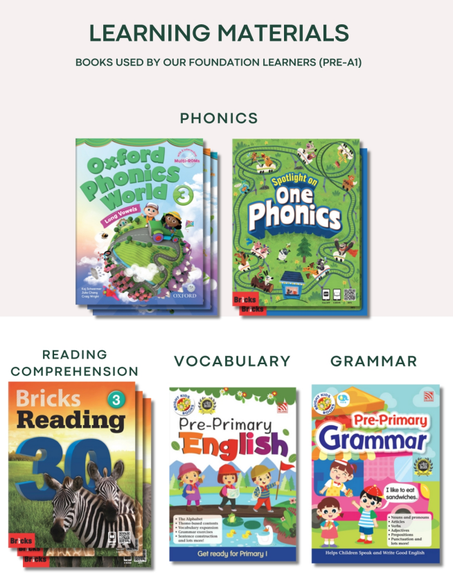 Oxford Phonics World와 Bricks 등 기초 과정 교재 표지