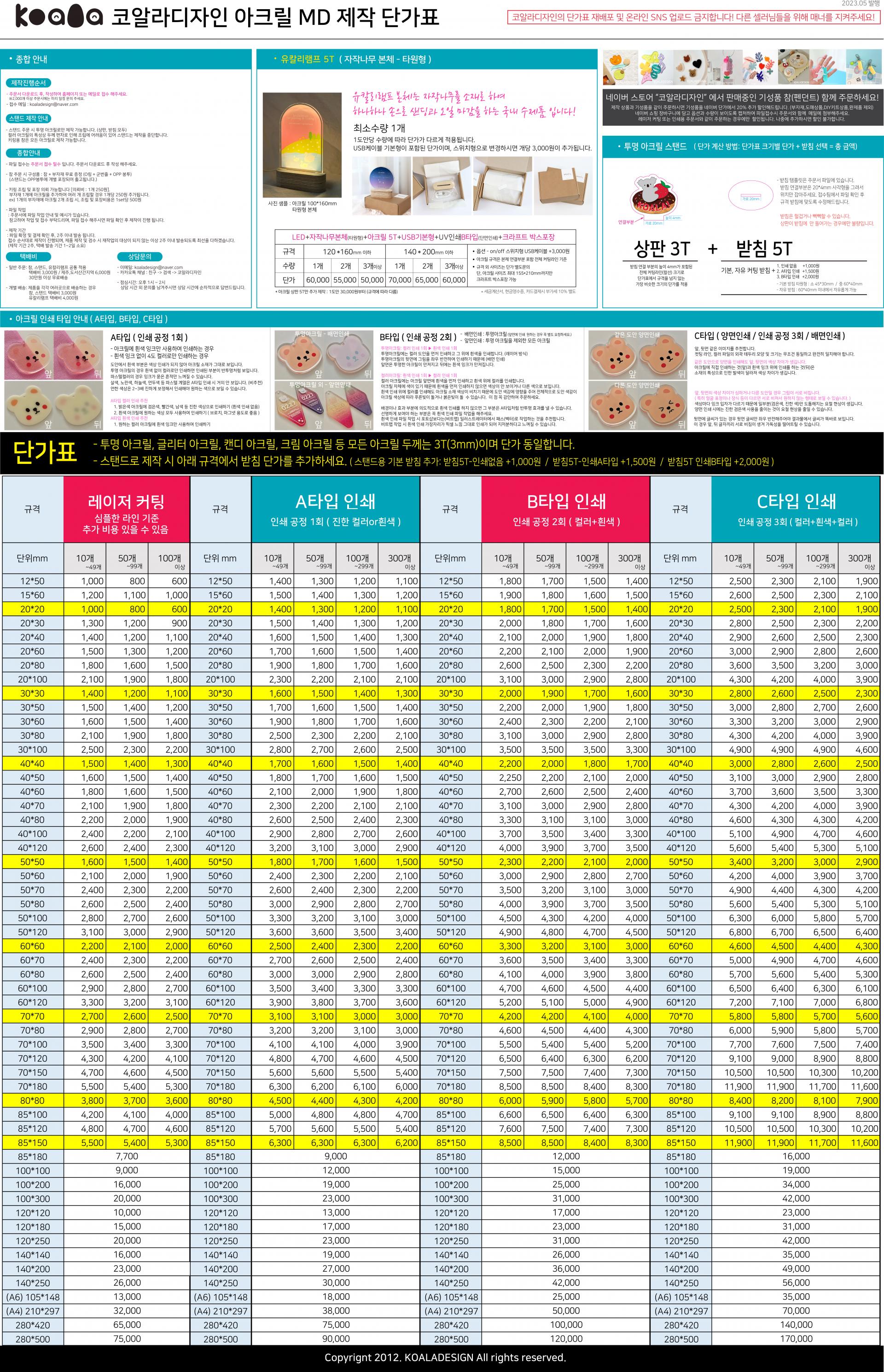 아크릴 굿즈 제작 단가표 : 코알라디자인