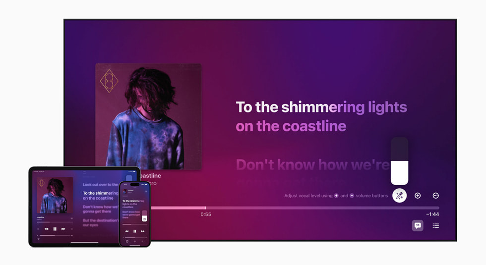 Apple Music Sing 사용 환경을 보여주는 TV, iPad 및 iPhone.