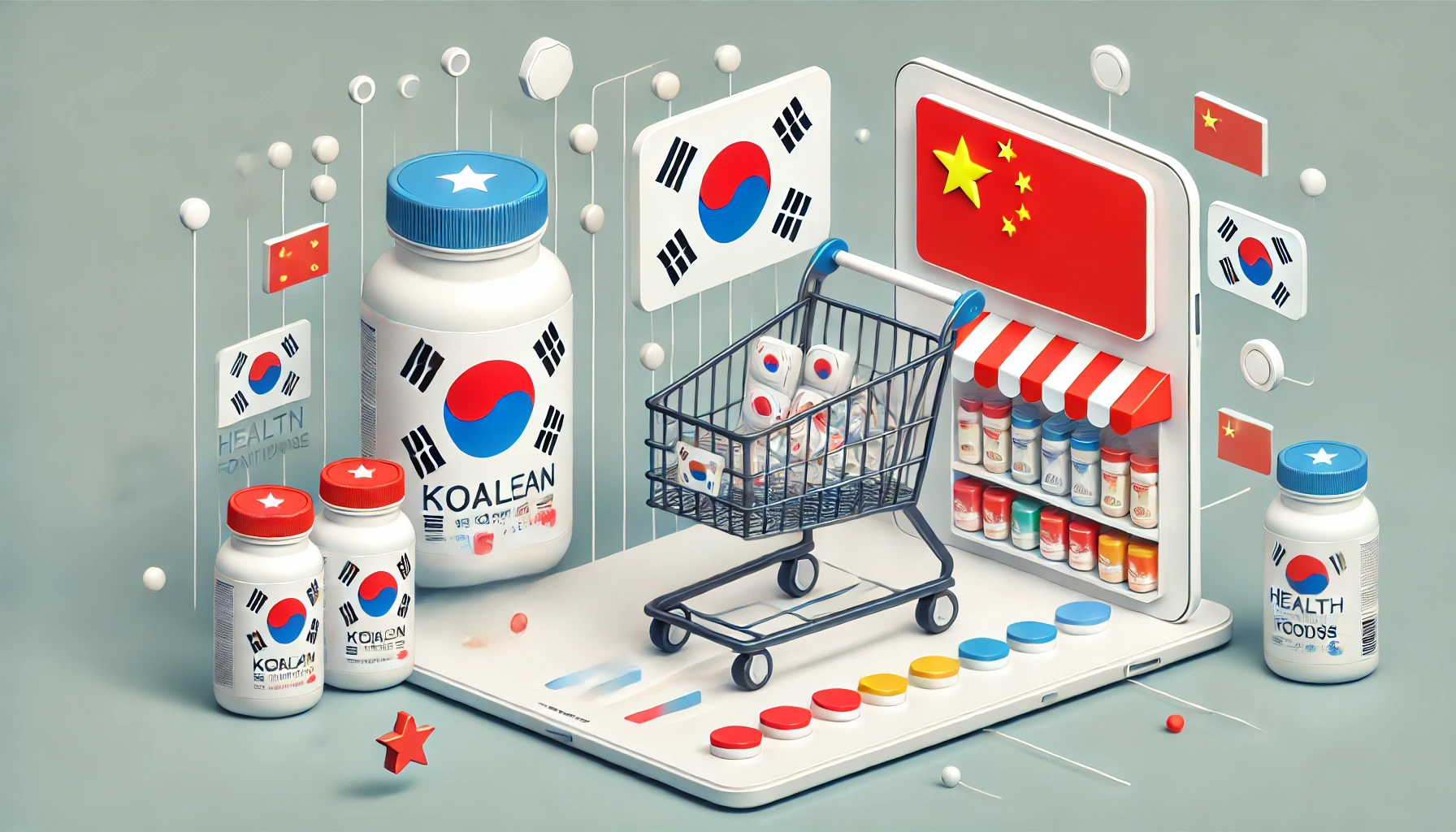 A wide digital illustration representing the expansion of Korean health functional foods into the Chinese e-commerce market. The image features a shopping cart with Korean health supplement bottles, a Korean flag integrated into the design, and a digital storefront with Chinese e-commerce elements. The overall design is clean and minimalist, using a neutral color palette with subtle red accents representing both Korea and China.