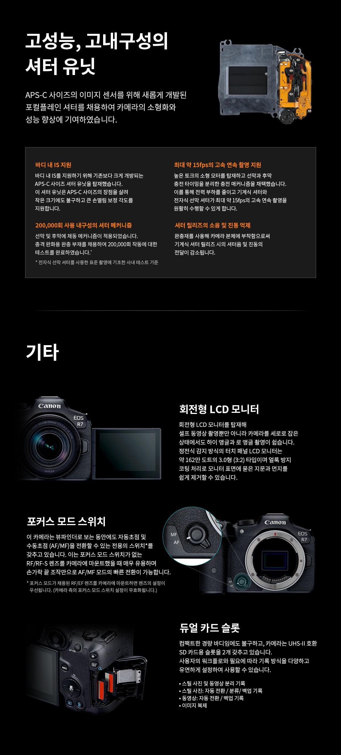 APS-C 사이즈 전용 셔터 유닛의 고성능·고내구성 설계와 회전형 LCD 모니터, 포커스 모드 스위치, 듀얼 카드 슬롯 등 EOS R7의 주요 특징을 소개하는 이미지