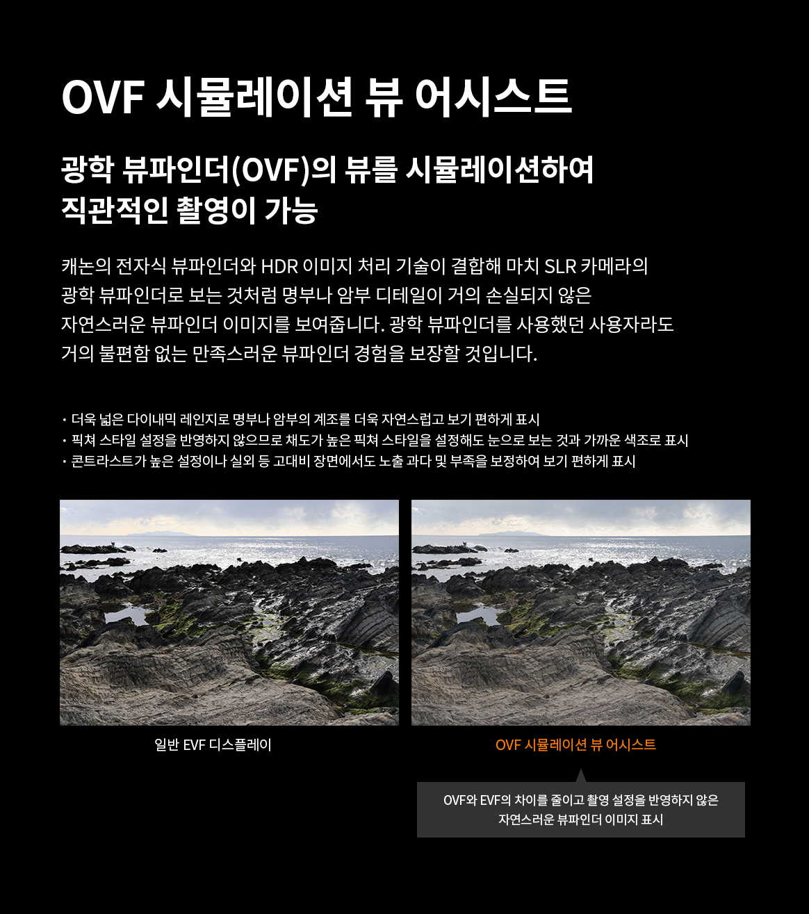 OVF 시뮬레이션 뷰 어시스트 기능으로 광학 뷰파인더와 유사한 자연스러운 뷰파인더 이미지를 비교하여 설명하는 이미지