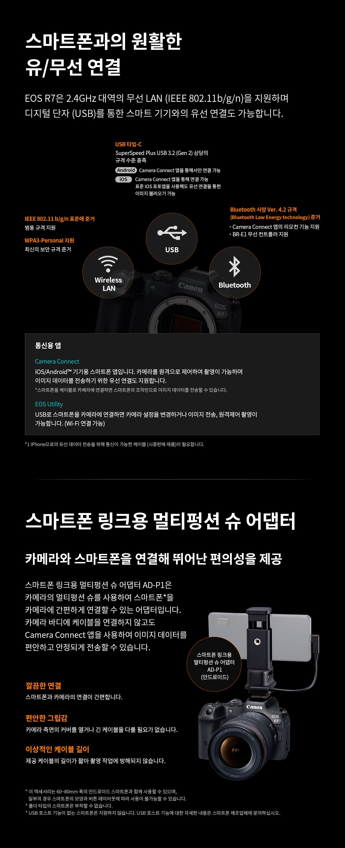스마트폰과의 원활한 유선·무선 연결과 스마트폰 링크용 멀티펑션 슈 어댑터를 통해 EOS R7의 편리한 데이터 전송 및 연동 기능을 설명하는 이미지