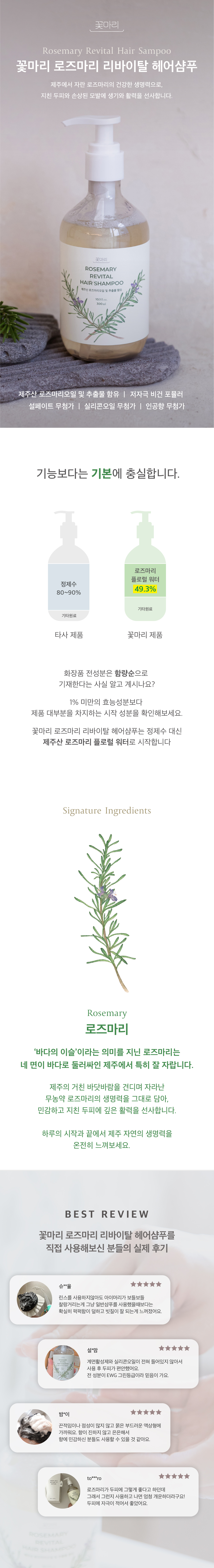 꽃마리 로즈마리 리바이탈 헤어샴푸. 제주산 로즈마리오일 및 추출물 함유 저자극 비건 텍스처 설페이트 무첨가 실리콘오일 무첨가 인공향 무첨가. 기능보다는 기본에 충실합니다. 꽃마리 로즈마리 리바이탈 헤어샴푸는 정제수 대신 제주산 로즈마리 플로럴 워터로 시작합니다. 