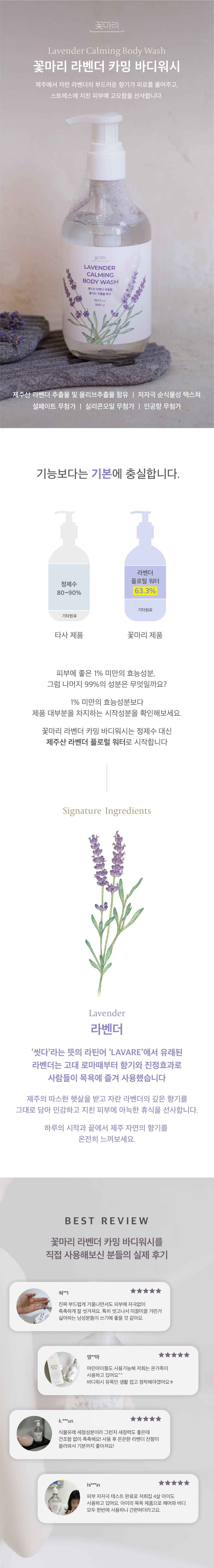 꽃마리 라벤더 카밍 바디워시. 제주산 라벤더 추출물 및 올리브추출물 함유 저자극 순식물성 텍스처 설페이트 무첨가 실리콘오일 무첨가 인공향 무첨가. 기능보다는 기본에 충실합니다. 라벤더 카밍 바디워시는 정제수 대신 제주산 라벤더 플로럴워터로 시작합니다. 