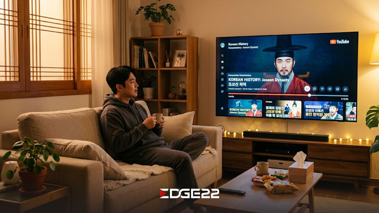 거실 스마트TV 큰 화면으로 롱폼 유튜브 영상을 시청하는 모습