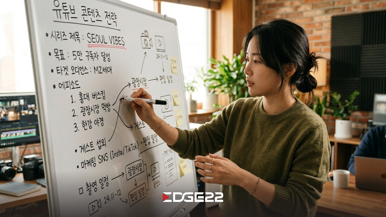 영상 PD가 화이트보드에 콘텐츠 기획 방향을 그리며 회의하는 모습