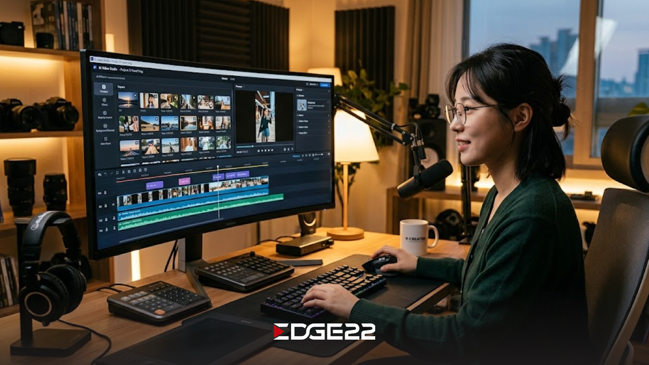 AI 영상 편집 도구가 띄워진 모니터 앞에서 작업하는 크리에이터