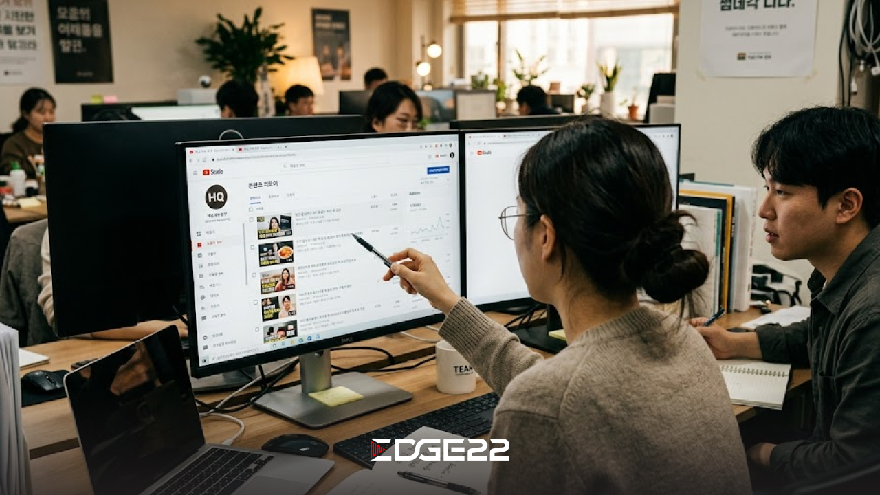 채널 전체를 관통하는 콘텐츠 기획 체계를 화이트보드에 정리한 모습