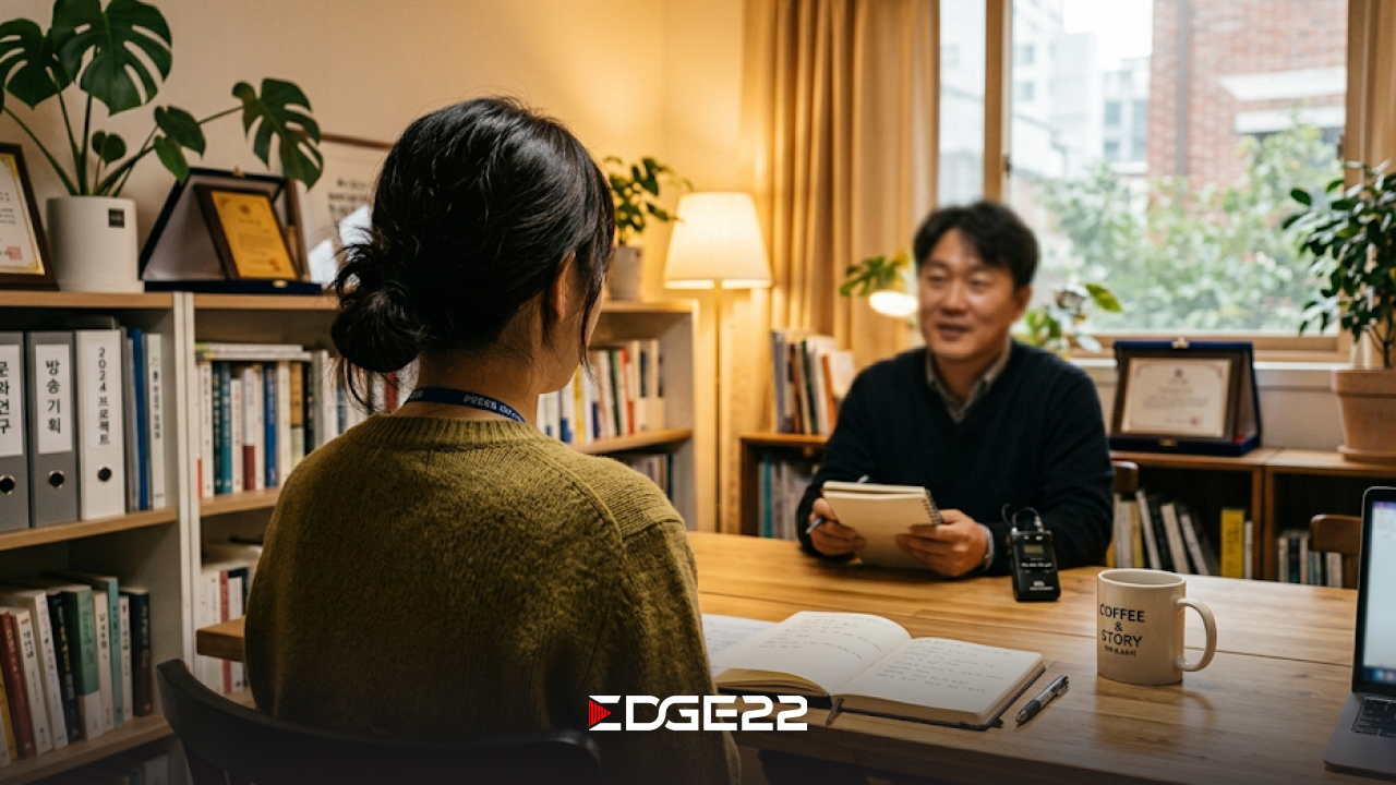 엣지22 기획 팀장이 인터뷰하는 모습