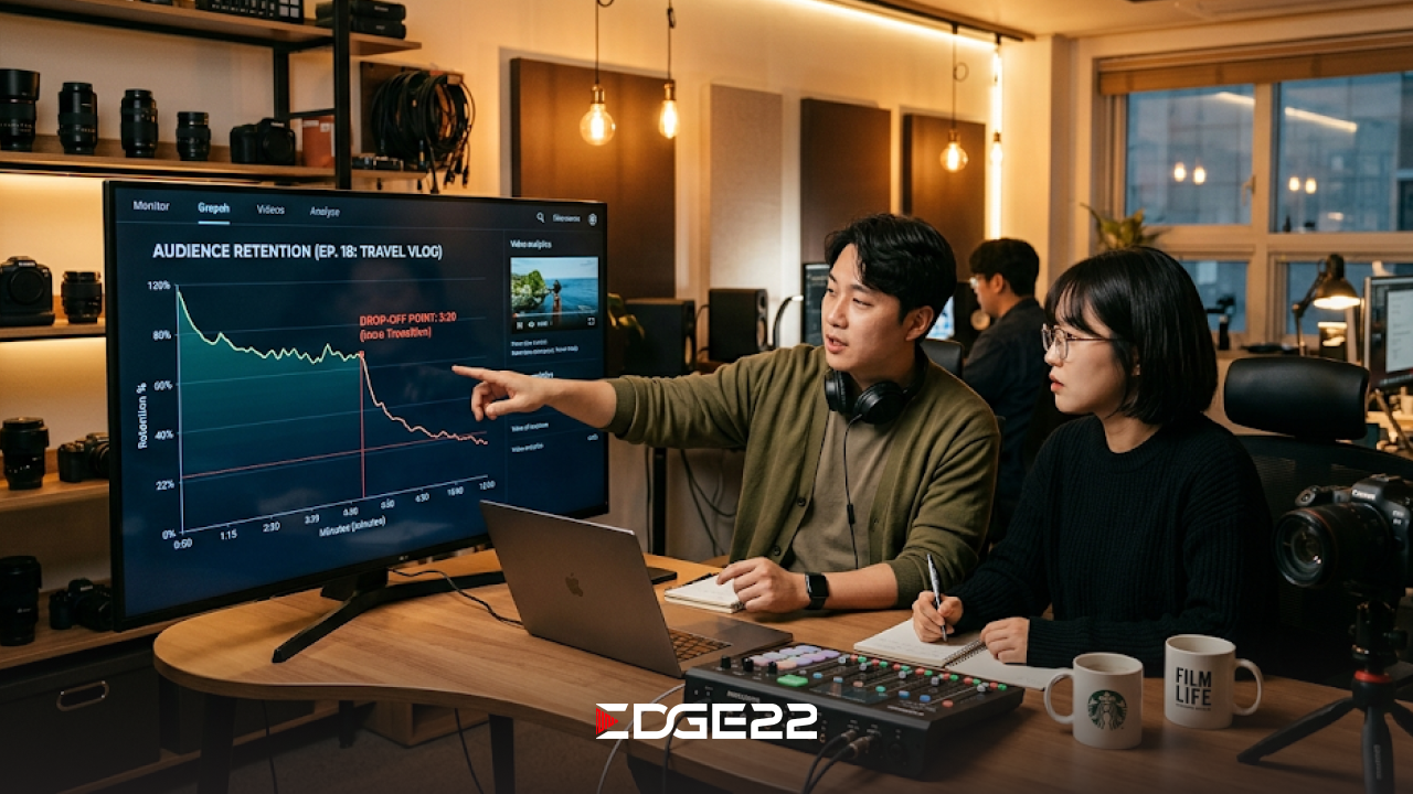 유튜브 영상의 이탈 구간 그래프를 함께 분석하는 영상 제작팀