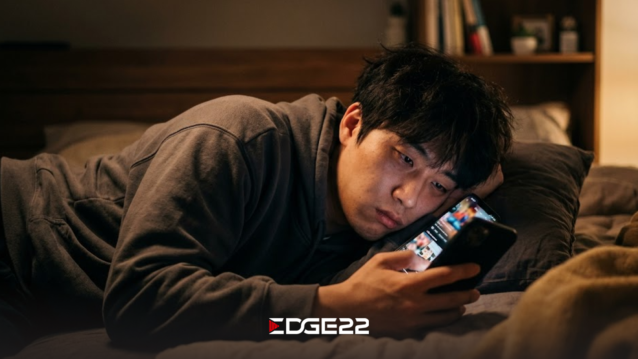 스마트폰으로 짧은 영상을 빠르게 넘기며 지친 표정을 짓는 사용자