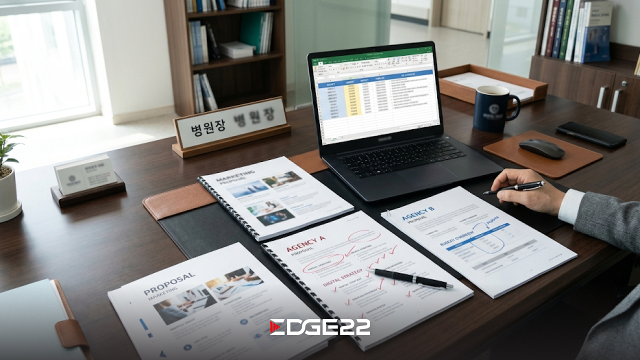 병원마케팅대행사 제안서를 비교하며 선택 기준을 점검하는 병원 원장 데스크