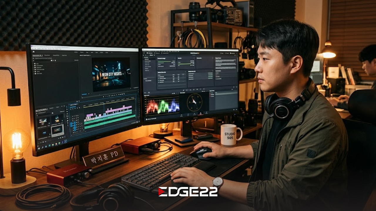 엣지22 PD가 데이터를 확인하며 다음 영상을 편집하는 모습
