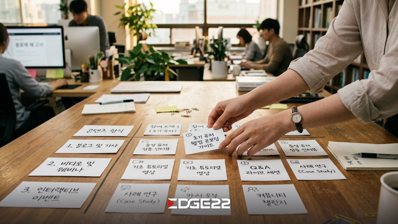 저관여와 고관여 타깃으로 나눠 콘텐츠 포맷을 배열한 작업 테이블