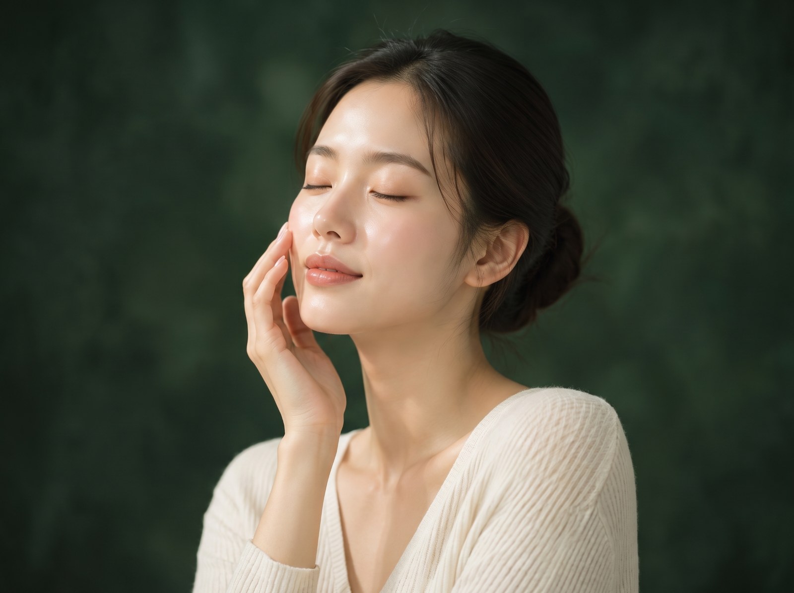 볼에 손을 댄 채 눈을 감은 여성