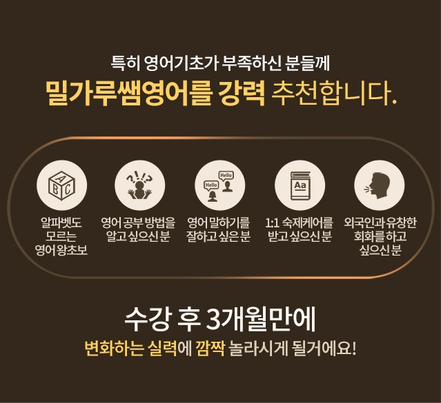 성인기초영어인강. 영어기초가 부족하신 분들께 밀가루쌤영어를 강력 추천합니다. 알파벳도 모르는 영어왕초보, 영어공부방법을 배우고 싶으신 분, 영어말하기를 잘하고 싶으신 분, 이제 수강 후 변화된 실력에 놀라게 되실 거에요.