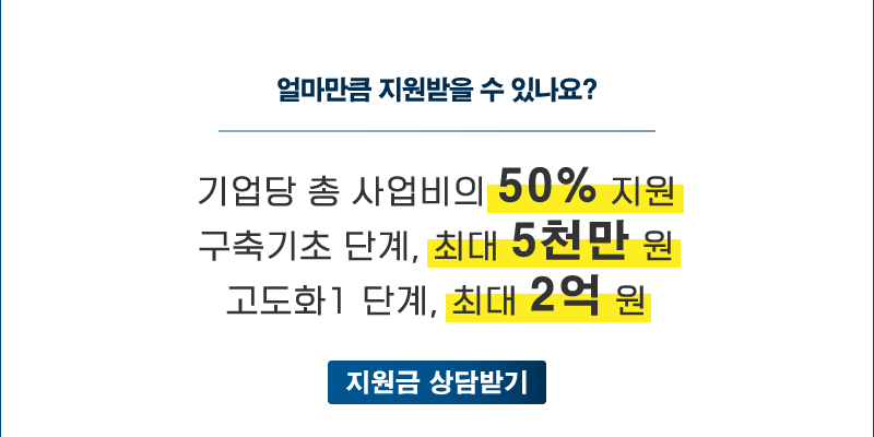 질문1. 얼마만큼 지원받을 수 있나요? 기업당 총 사업비의 50% 지원, 구축기초 단계, 최대 5천만 원, 고도화1 단계, 최대 2억 원