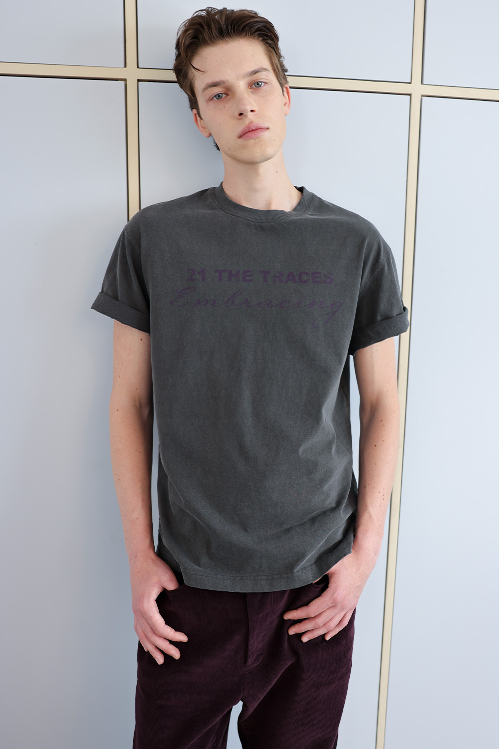 [ANYTIME LOREAK] TRACE WASHED HALF T-SHIRT - CHARCOAL