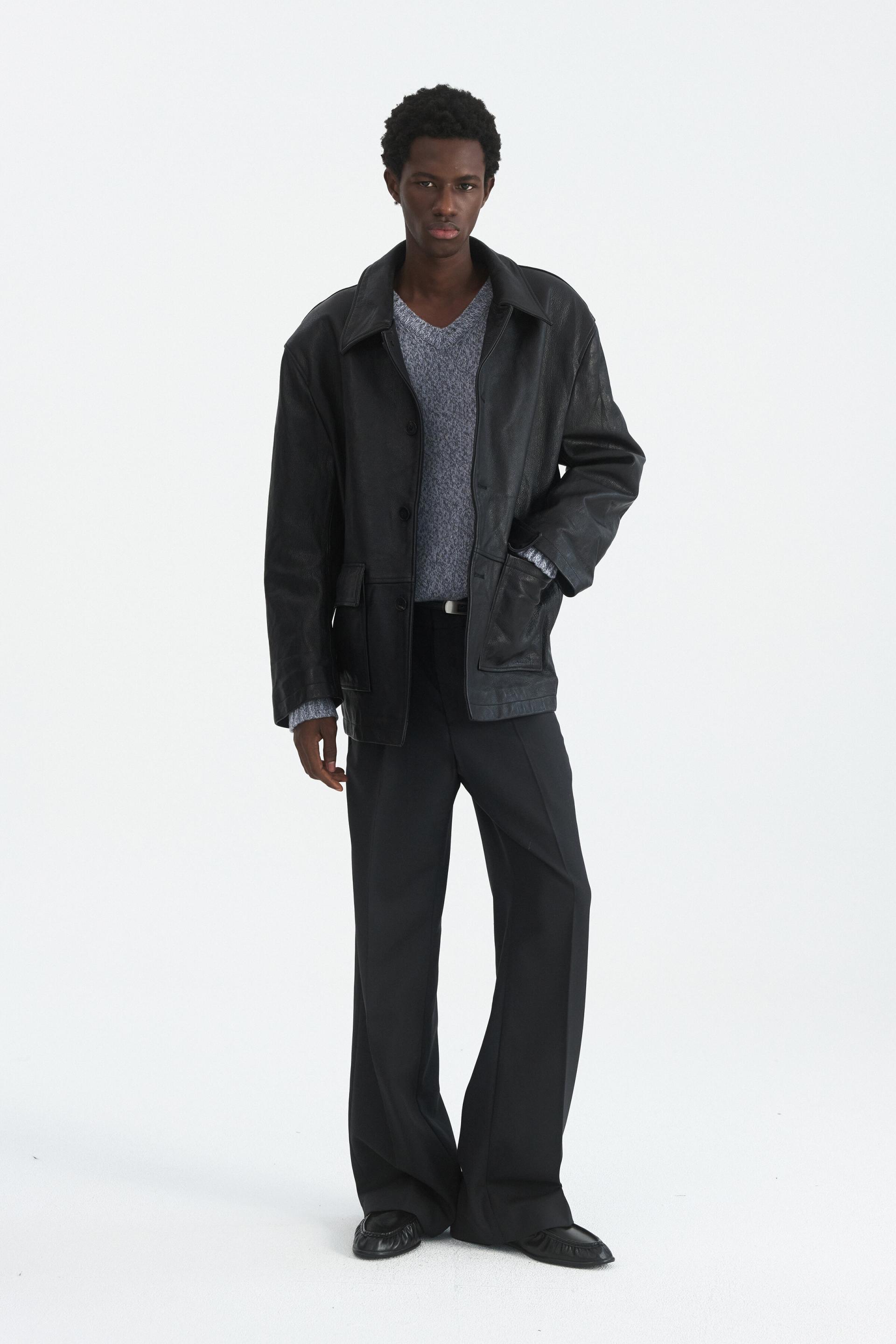[WINDER] VINTAGE WASHED GOAT LEATHER CAR COAT - BLACK