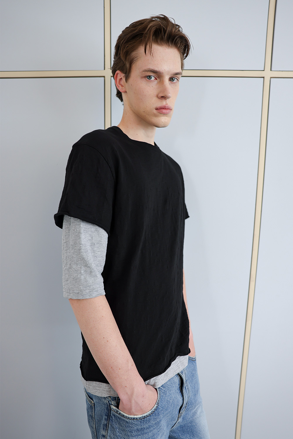 [ANYTIME LOREAK] FADE SLUB HALF T-SHIRT - BLACK