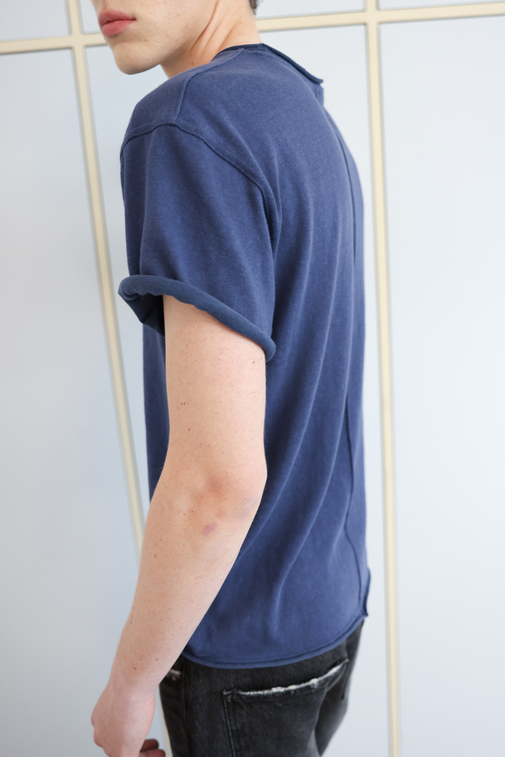 [ANYTIME LOREAK] YUCCA RAW-EDGE HALF KNIT -BLUE