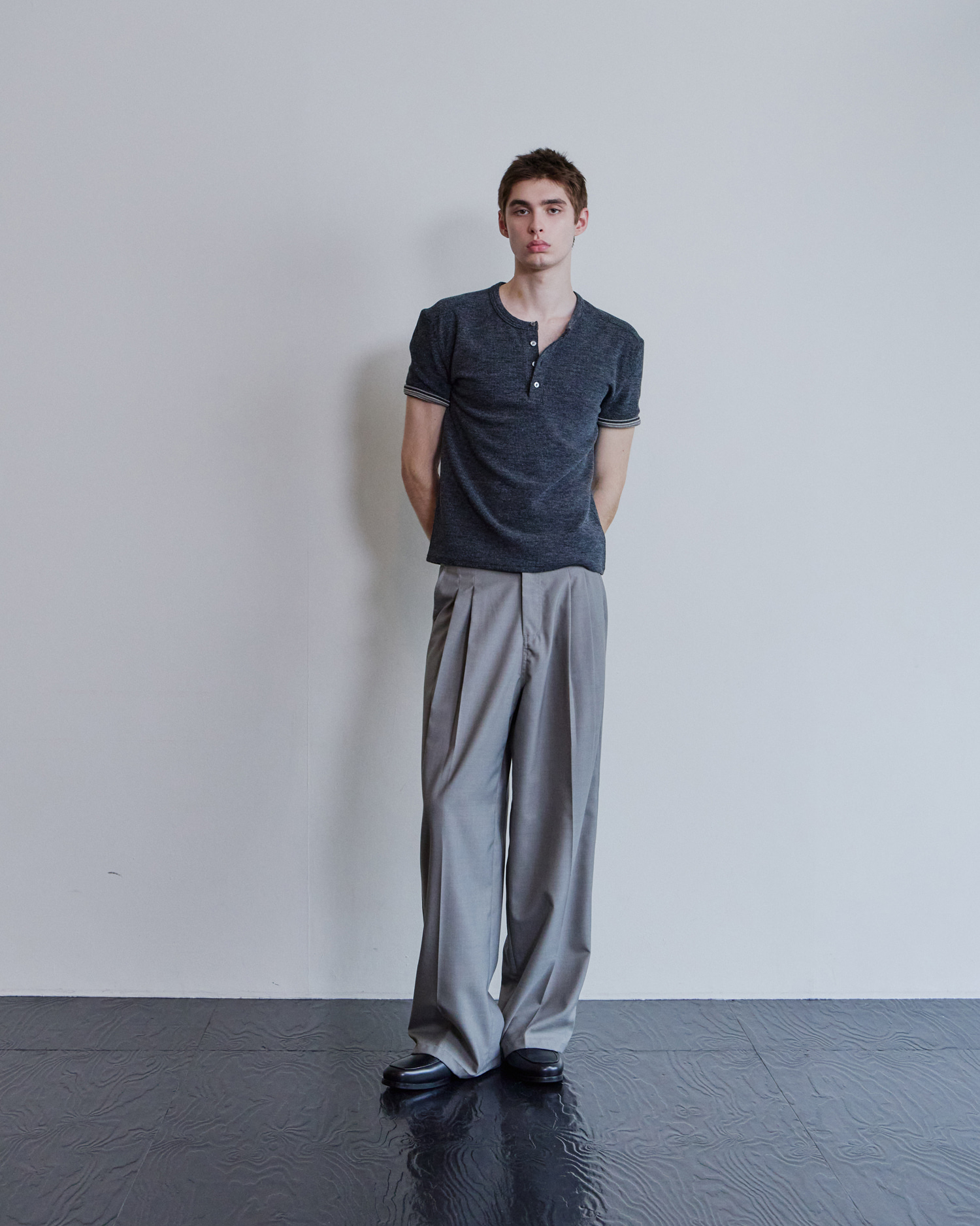 [WAVINESS] Ribbed Layered Henley-Neck T-shirts - Charcoal