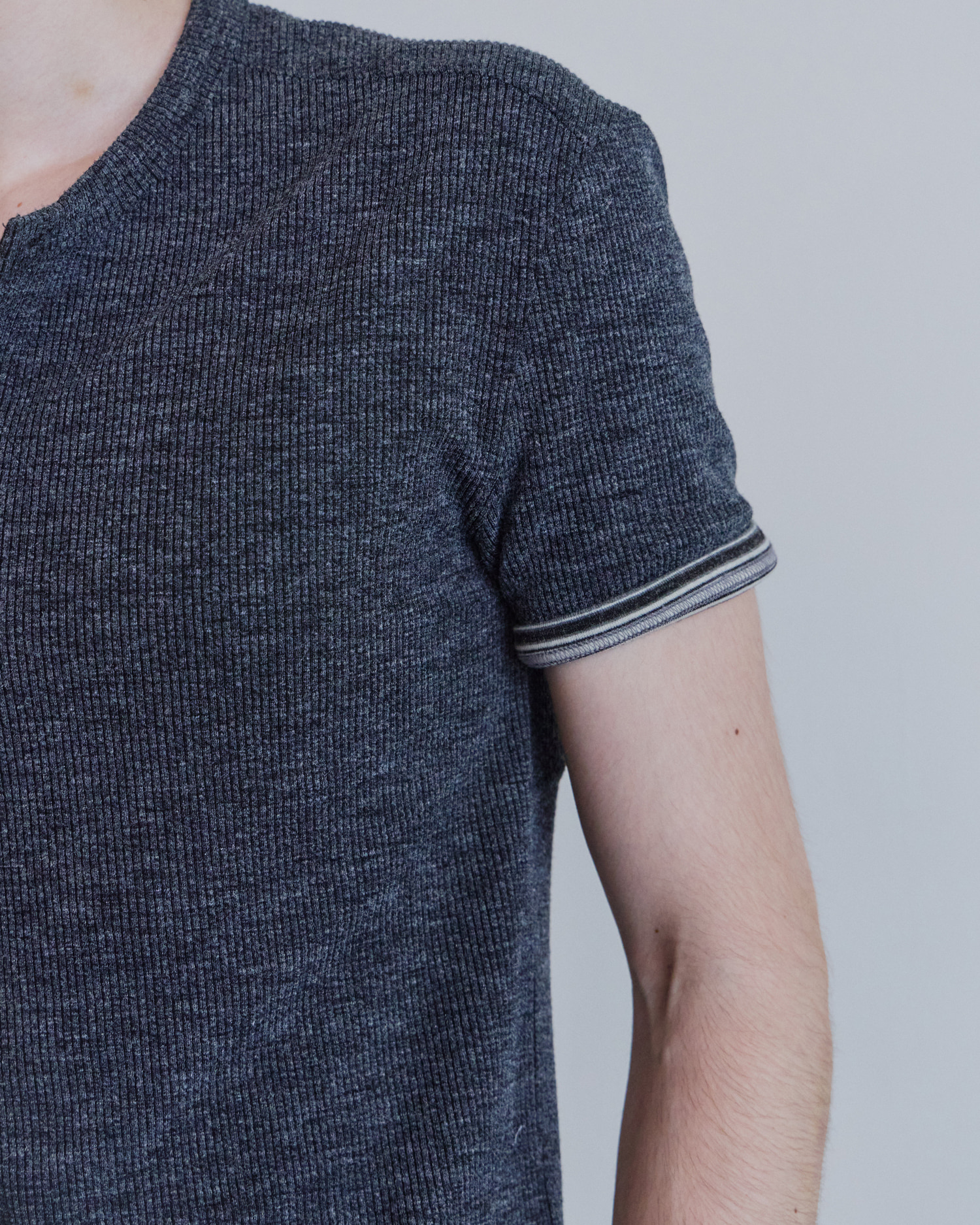 [WAVINESS] Ribbed Layered Henley-Neck T-shirts - Charcoal