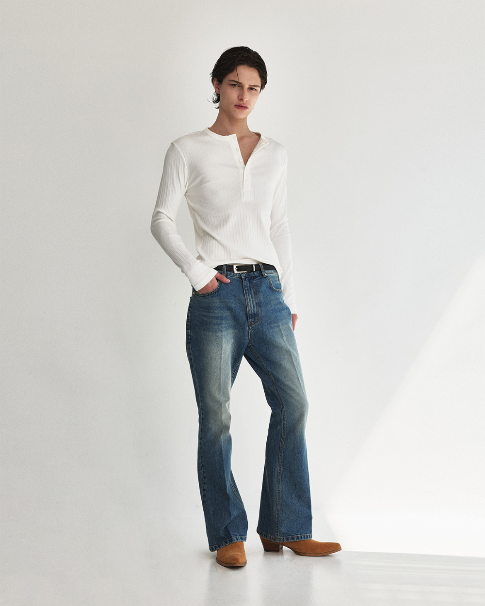 [kineto] Fine Cotton Ribbed Henley Top_White