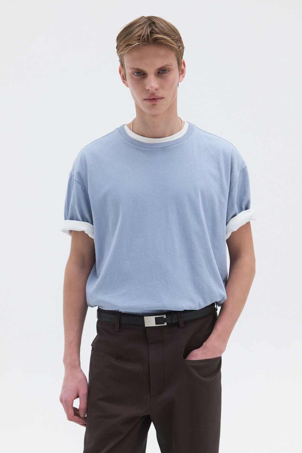 [WINDER] LINEN BLENDED T-SHIRTS - MIST BLUE