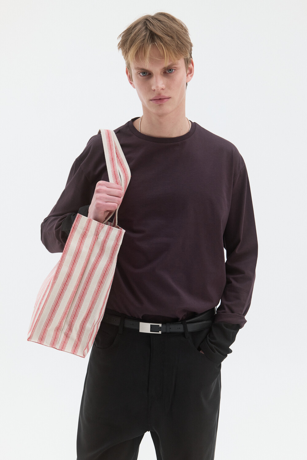 [WINDER] LAYERED SLEEVE JERSEY TOP - DARK PLUM / BLACK