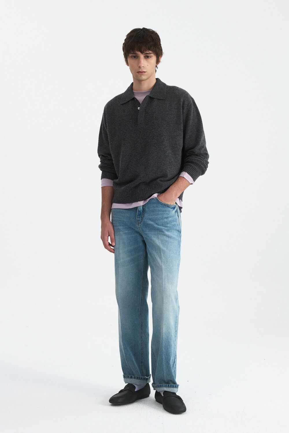 [WINDER] MERINO WOOL HIDDEN POLO SWEATER -DARK GREY