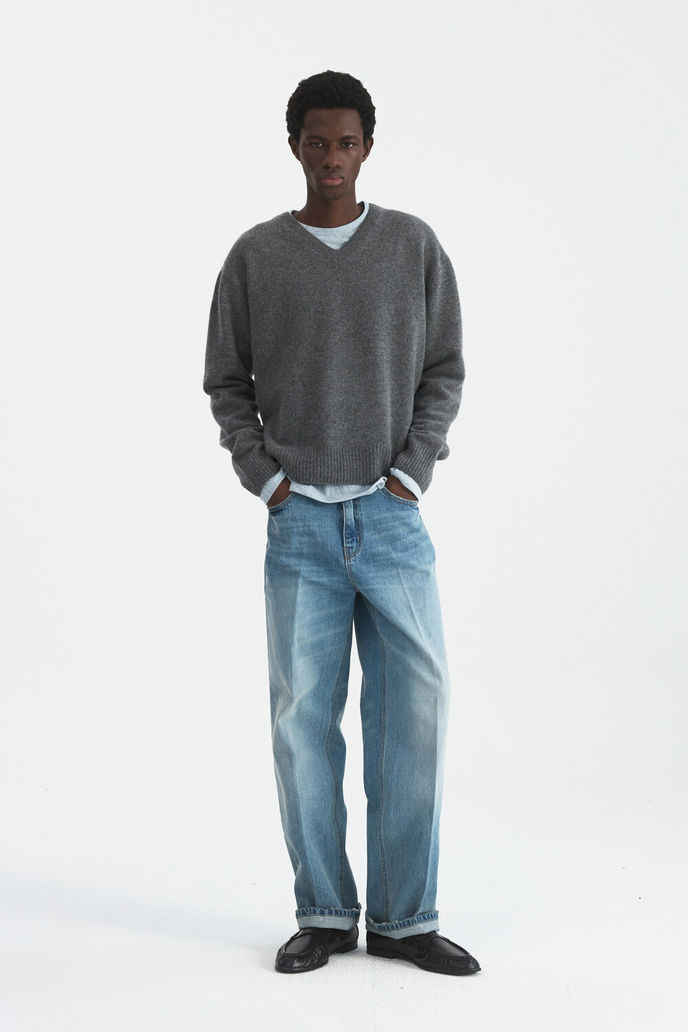 [WINDER] CONTOUR RIB WOOL V NECK SWEATER - MELANGE GREY