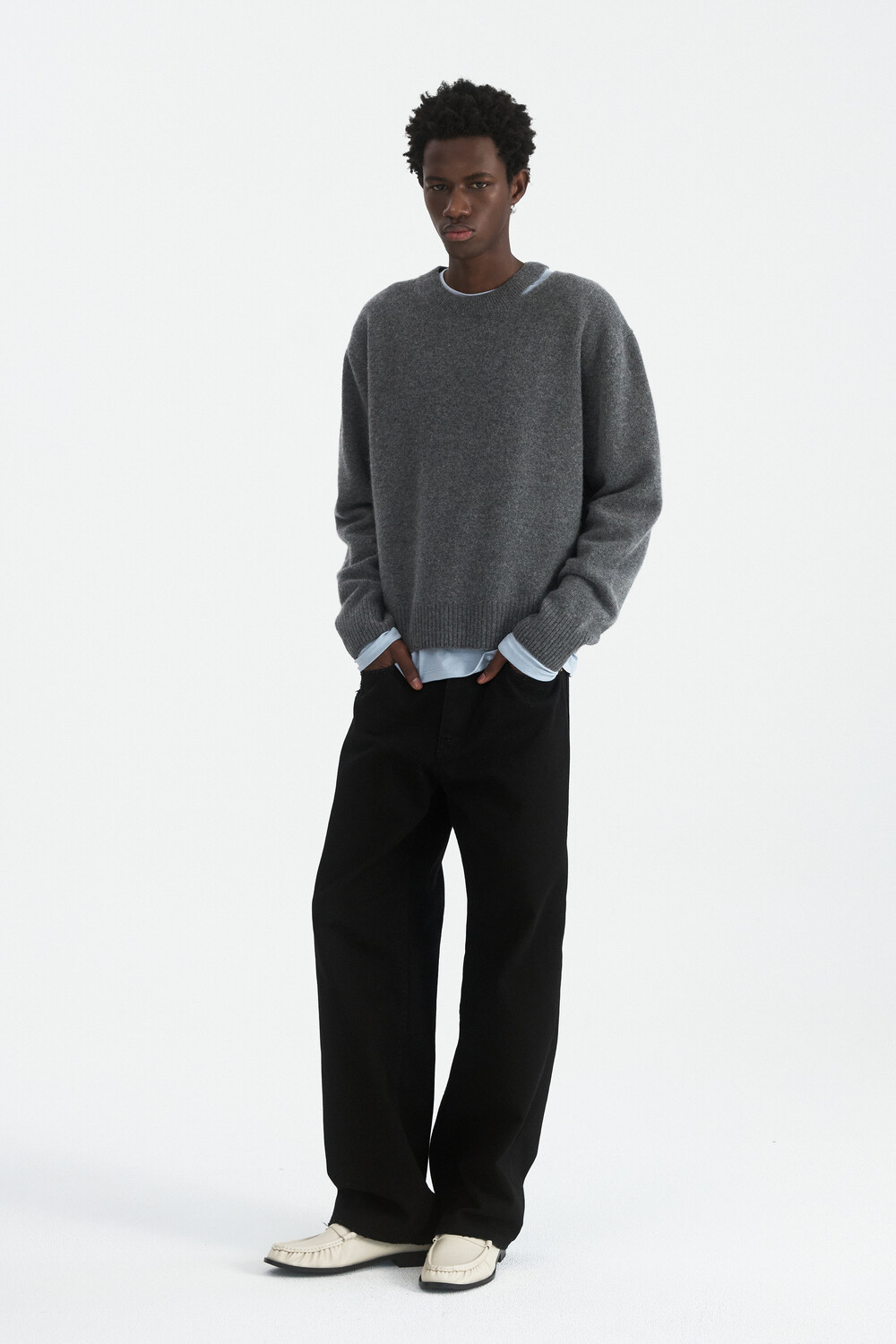 [WINDER] SLIT MERINO WOOL SWEATER - MELANGE GREY